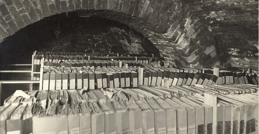 Skandias arkiv inrymt i Slottskällaren 1930. (Källa: Skandias arkiv hos Centrum för Näringslivshistoria)